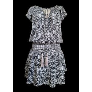 Skemo Geometric Print Boho Gypsy Beaded Tassel Smocked Mini Dress Medium Sunner